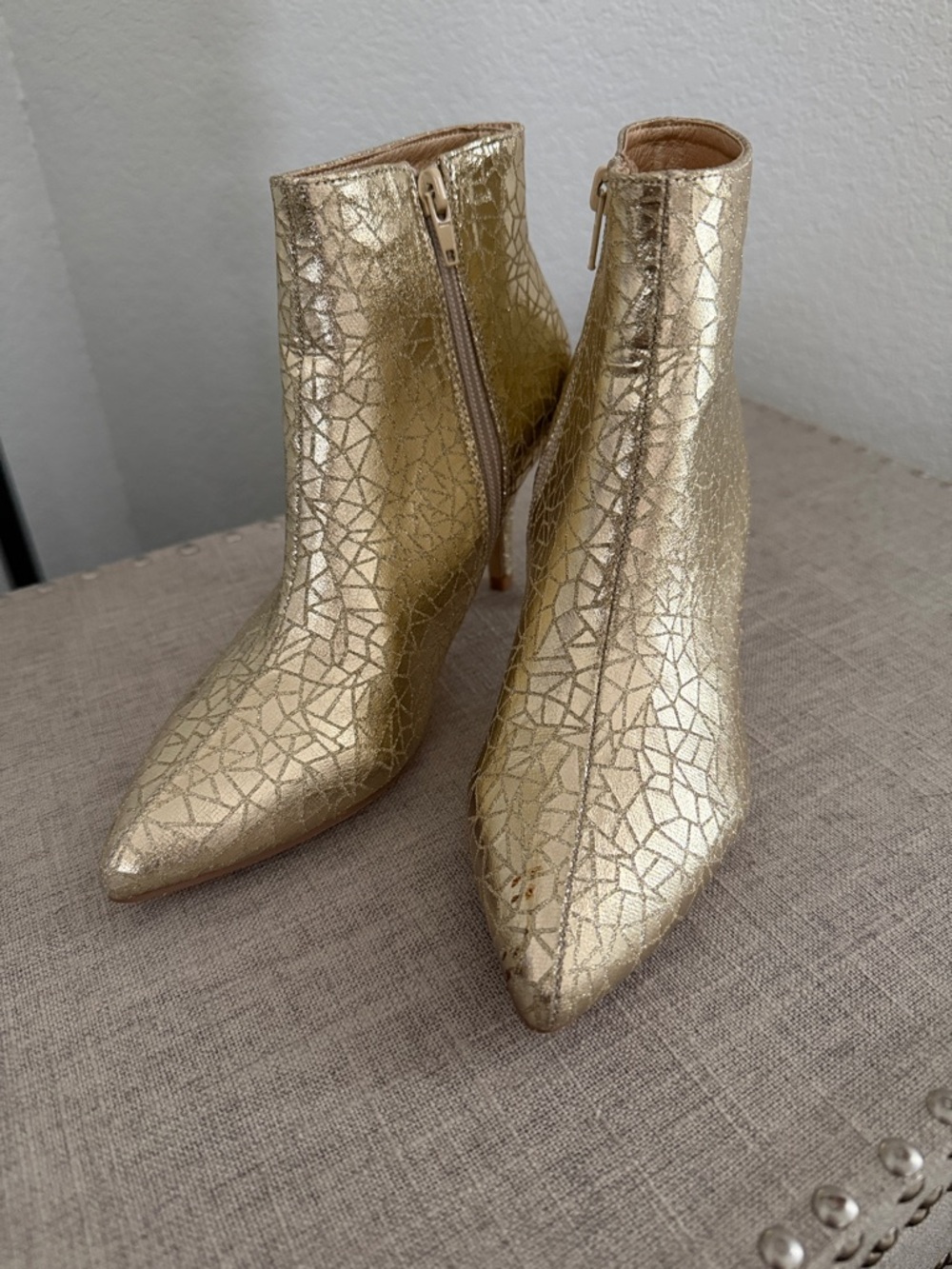 Allegra K Gold Metallic Pointed Toe Ankle Boots - Women 7
